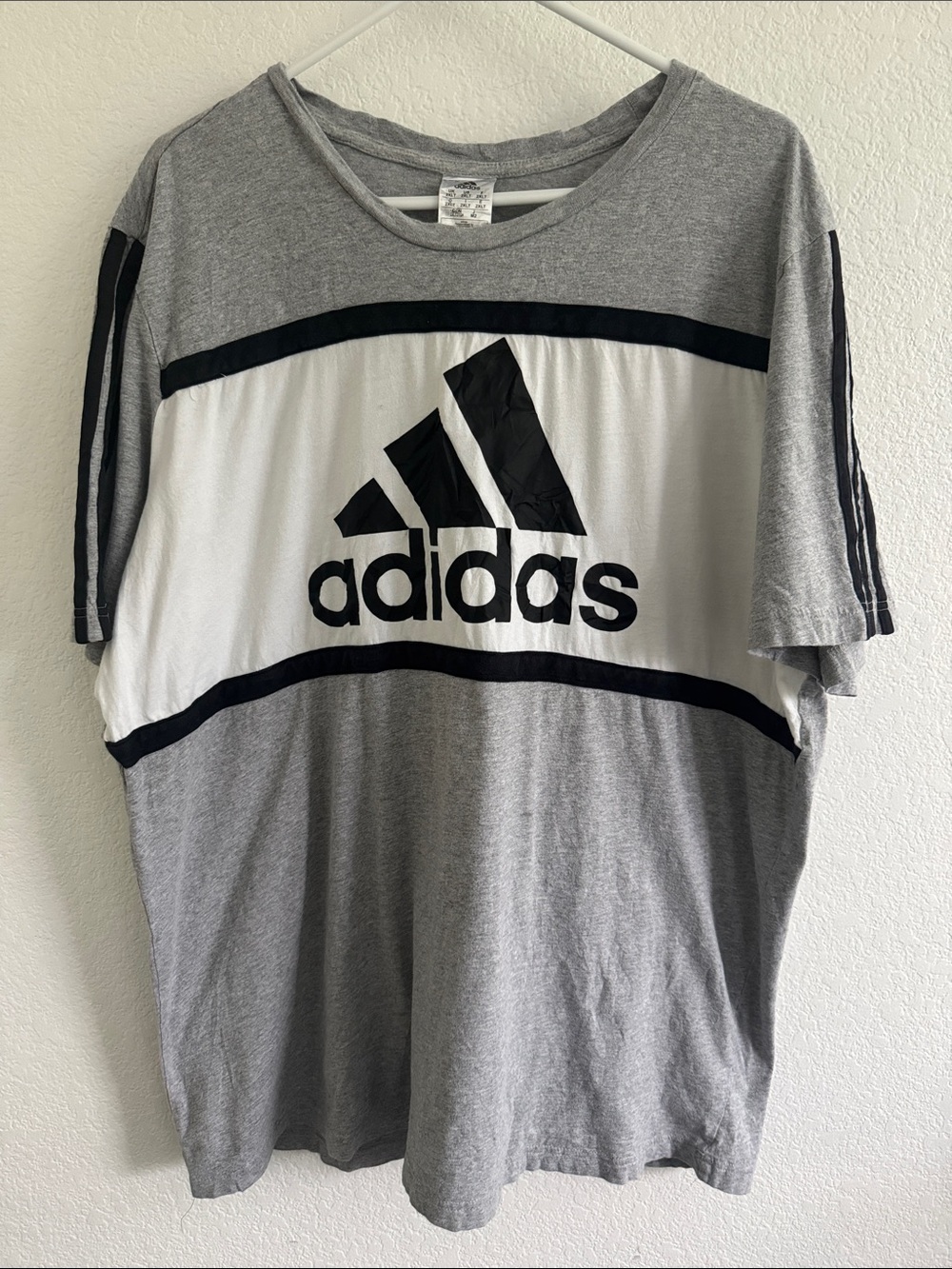 Adidas Shirt Gray Colorblock Big Logo 3 Stripe Short Sleeve Cotton 2XL